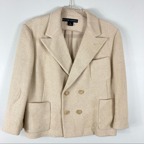 Vintage Ralph Lauren Double Breasted Herringbone Weave 3/4 Sleeve Blazer